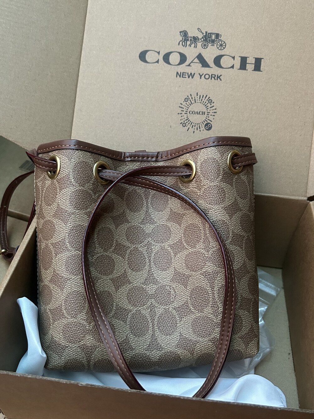Coach Classic Signature Mini Drawstring Bucket Crossbody Bag